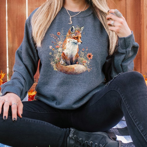 Fox Sweathshirt, Cottagecore Shirt, Forestcore Wildlife Lover Gift, Floral Fox Cozy Sweater