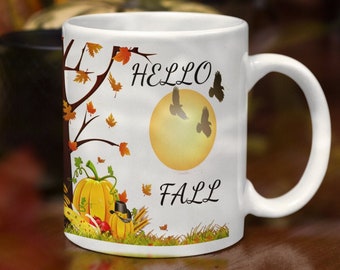 Hello Fall Coffee Mug, Autumn Blessings, 15oz Ceramic