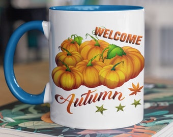 Welcome Autumn Mug, this wonderful fall mug will get you in the mood for hot chocolate, pumpkin pie, and back into those cozy fall sweaters.