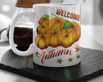 Welcome Autumn Coffee Mug, Pumpkin Design, Fall Decor