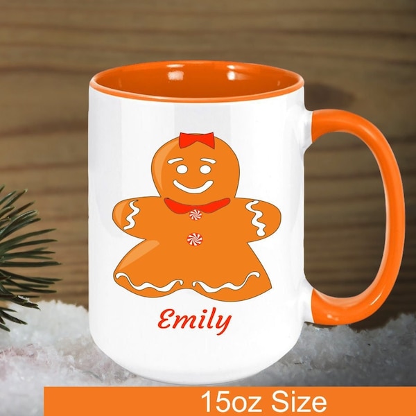 Customizable Gingerbread Mug For Girl, Chose from eight design colors and pick her favorite one, and chose what color her name should be.