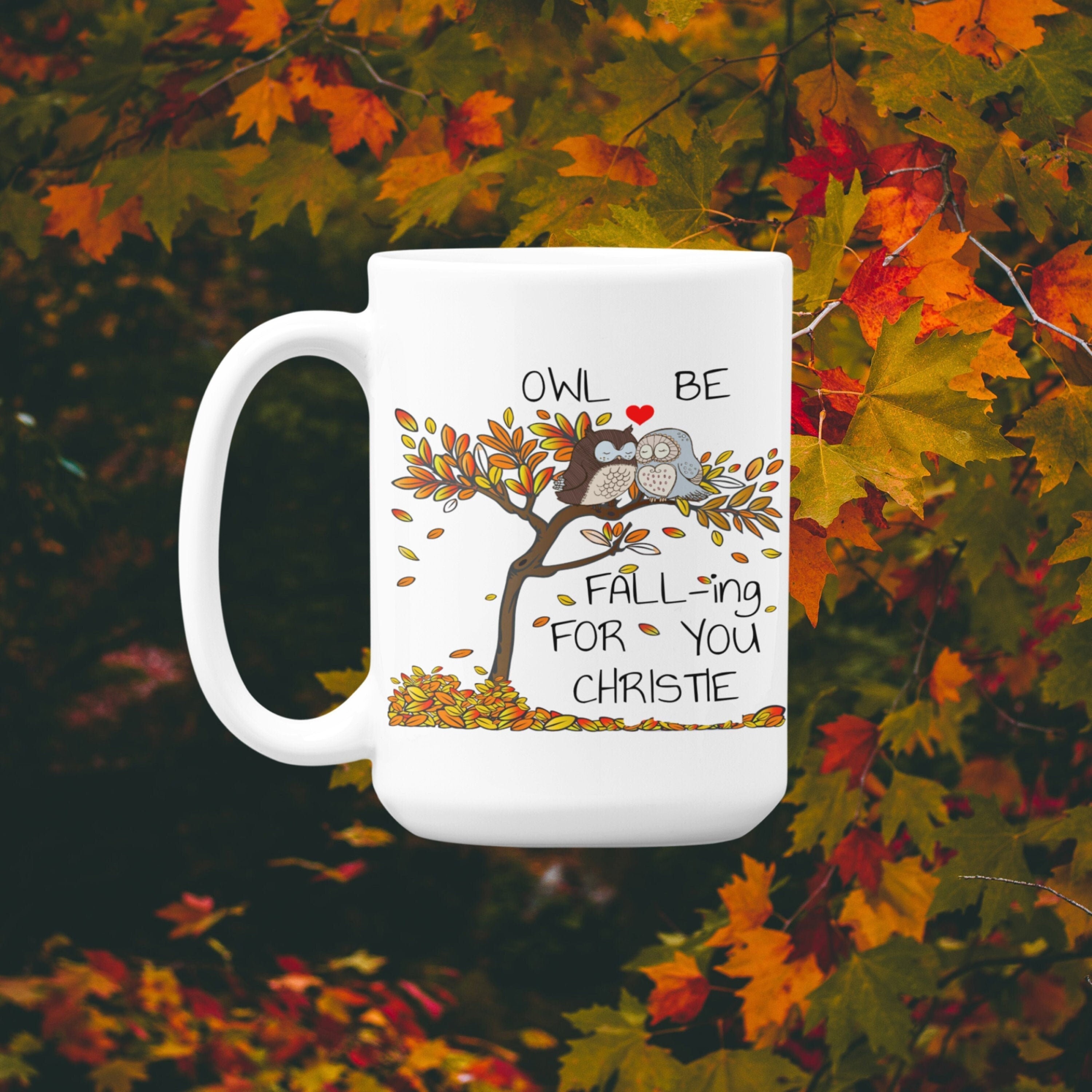 Customizable Owl Mug, Autumn Leaves Design, Personalized Gift