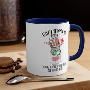 Happiness is being a Nana coffee mug, bring some sunshine to your grandmother with this wonderful Nana mug, list all her grandkids on it