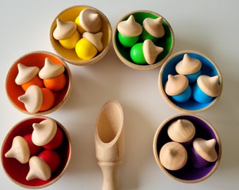 Acorn Sorting Set with Scoop. Montessori Toy Rainbow colors. Learning toy for kids. Easter basket gift. Size Small