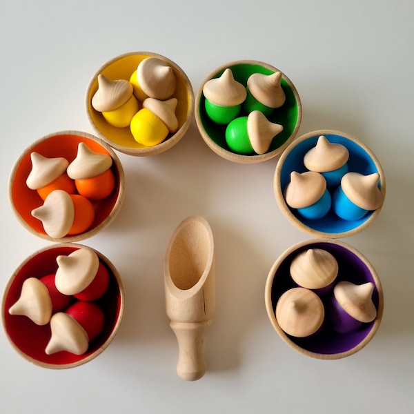 Acorn Sorting Set with Scoop. Montessori Toy Rainbow colors. Learning toy for kids. Easter basket gift. Size Small