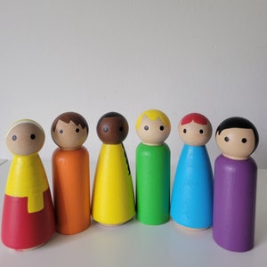 Large Multicultural Peg Doll Set. 3.5&quot; Tall Peg Dolls. Montessori Peg Dolls. Doll House Pretend Play