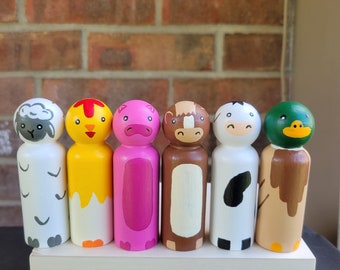 Farm Animal Peg Dolls 3.5" . Set of 6 duck, pig, chicken, cow, sheep , horse. Montessori Inspired farm animal set