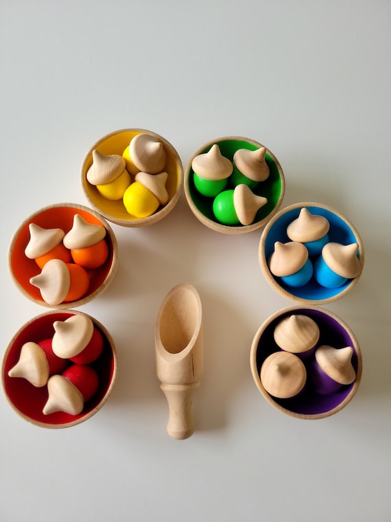 Color sorting acorn set. Montessori Toy Rainbow colors. Learning toy for kids. Christmas gift. Birthday gift.