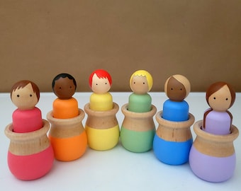 Montessori Nesting Peg Dolls Set.. Multicultural Rainbow Colors. Toys for kids. Doll House Pretend Play