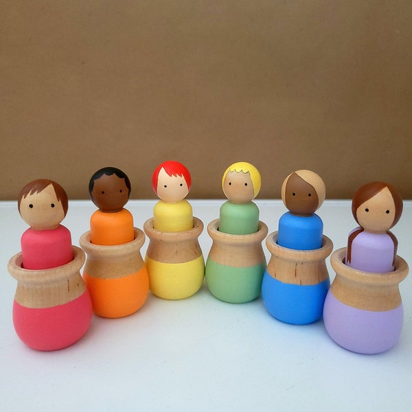 Montessori Nesting Peg Dolls Set.. Multicultural Rainbow Colors. Toys for kids. Doll House Pretend Play