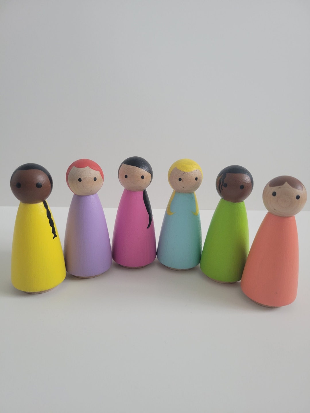 Large Multicultural Peg Doll Set. 3.5 Tall Peg Dolls. Montessori Peg