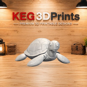 May include: A light grey 3D printed turtle figurine with a geometric, faceted shell and articulated limbs. The turtle is positioned in front of a wooden wall featuring the text KEG 3DPrints PREMIUM 3D PRINTABLE DESIGNS in red, white, and black.