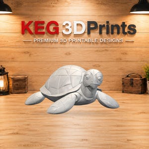 May include: A light grey 3D printed turtle figurine with a geometric, faceted shell and head design. The turtle is positioned centrally, featuring a smooth matte finish and articulated limbs, displayed against a wood-panelled wall with the text KEG 3DPrints.