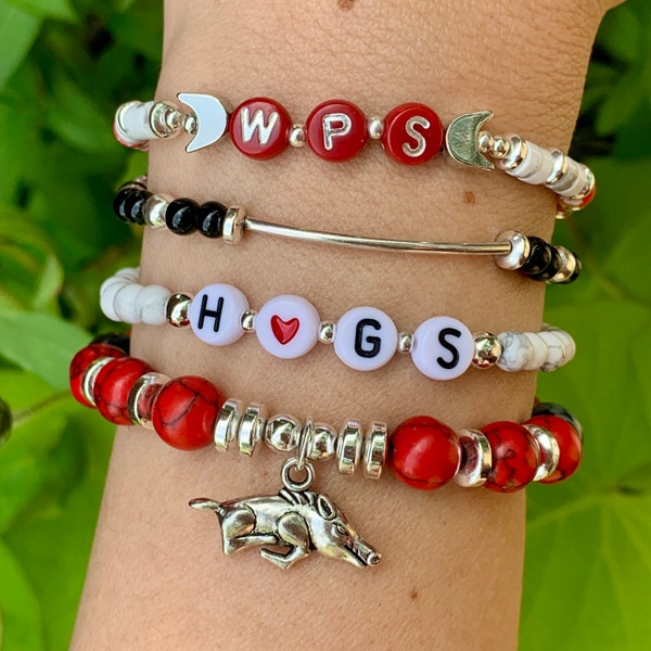 Beaded Razorback Hog Bracelet Sets | Real Gemstones | Arkansas Fan Graduation Gifts | Silver AR Charm Bracelets | Red Hogs WPS Letter Stack