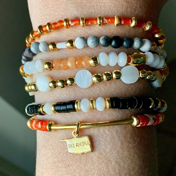 Orange & Black Oklahoma State Charm Bracelet Sets | Gold or Silver Heishi Gemstone Beaded Bracelets | Cowboys Jewelry | OK State Mom Gift