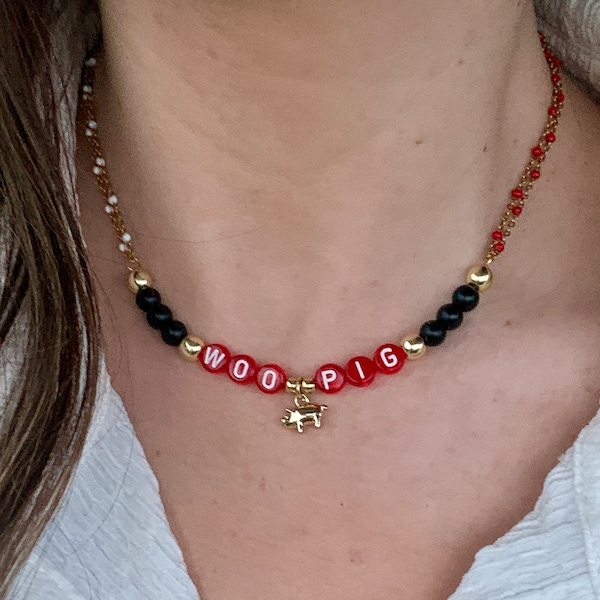 Woo Pig Choker in Silver or Gold | Red Letter Bead Pig Necklace | Unique Hogs Basketball Baseball Jewelry | 2024 Arkansas Graduation Gifts