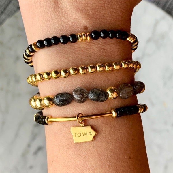 Black & Gold Iowa Bracelets | Heishi Gemstones University College State Charm Bracelet Stack | Class of 2023 Custom Jewelry | Hawks Gifts