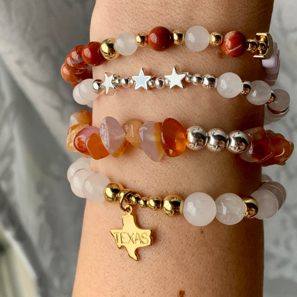 Texas Bracelet Stack | Texas Set | Real Gemstones | Gold Texas Charm | Texas Gift | Longhorns Bracelet