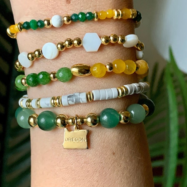 Oregon Charm Bracelet Set | Green & Yellow  Gameday Jewelry | Unique Ducks Fan Gifts | Oregon University Graduation Gifts | Real Gemstones