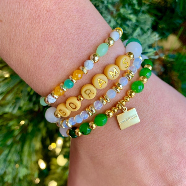 Colorado State Charm Bracelet Set | Green & Yellow Beaded Bracelets | Unique Rams Game Day Accessories | University Grad 2023 Jewelry Gift