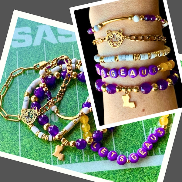 Let’s Geaux Bracelet Stack | Unique Louisiana State Charm & Gold Tiger Chain Bracelet Set | Tigers Fan Jewelry Gift | Cute LSU Bracelets