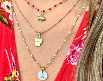 Gold Pig Layering Necklace Set | Arkansas Red & White Beaded Pig Pendant Choker | AR Grad Gifts | Cute Razorback Accessories | Hogs Jewelry