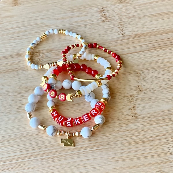 Nebraska Bracelet Stack | Cute Letter Bead Jewelry | Custom Gameday School Spirit Heishi Beaded Bracelet Set | Cornhuskers Christmas Gifts