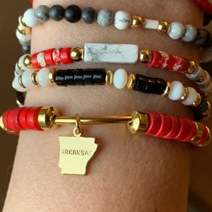 Gold Arkansas State Charm Bracelet Sets | Red Coral & Black Onyx Heishi Stack | Fayetteville AR Gifts | Unique Hogs Game Day Jewelry 2024