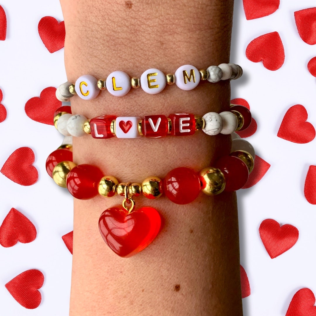 Cute Valentine's Day Bracelet Sets | Custom Name & Gummy Heart Charm Bracelets | Silver or Gold options | Personalized Gifts for Girlfriends