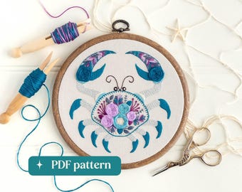 Cancer the crab hand embroidery pattern, Floral zodiac design, DIY 6-inch hoop art (PDF download)