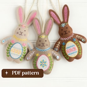 Borduurpatroon vilten paashazen, set van drie doe-het-zelf hangende ornamenten (pdf-download)