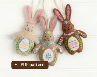 Felt Easter bunnies embroidery pattern, Set of three DIY hanging ornaments (PDF download)
