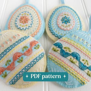 Molde para bordado de ovos de Páscoa em feltro artesanal, quatro enfeites para pendurar (download em PDF)