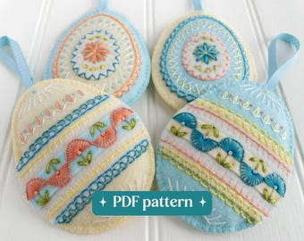 Folk felt Easter eggs embroidery pattern, Four DIY hanging ornaments (PDF download)