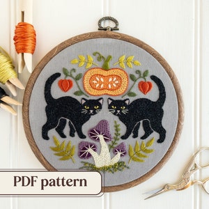 ハロウィン猫の刺繍パターン、手刺繍PDFパターン、黒猫、カボチャ、キノコを使った気まぐれなデザイン、DIYハロウィンデコレーション