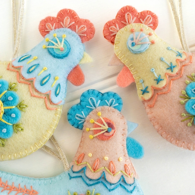 Embroidered felt chickens PDF pattern, DIY Easter ornaments set, Three folk hen decorations, Instant download hand embroidery pattern image 3