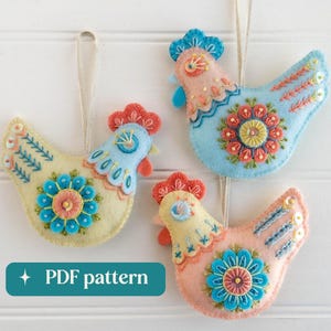 Folk felt chickens embroidery pattern, Three DIY hanging ornaments (PDF download)