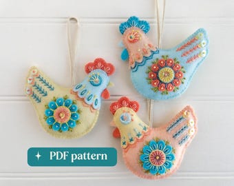 Folk felt chickens embroidery pattern, Three DIY hanging ornaments (PDF download)