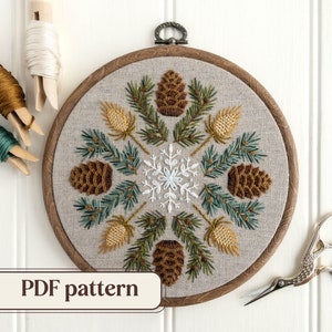 Winter hand embroidery pattern, Winter sampler PDF pattern, Winter wreath embroidery design, DIY Christmas décor, Step-by-step instructions