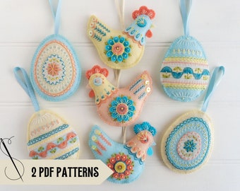 Felt chickens and Easter eggs pattern bundle, DIY Easter décor, Handmade Easter gift, Two embroidery pattern PDFs, Wool felt ornaments set