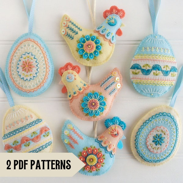 Felt chickens and Easter eggs pattern bundle, DIY Easter décor, Handmade Easter gift, Two embroidery pattern PDFs, Wool felt ornaments set