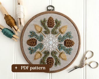 Winter sampler hand embroidery pattern, Seasonal wreath design, DIY 6-inch hoop art (PDF download)