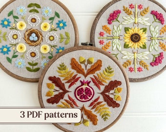 Seasonal embroidery pattern bundle, Spring, summer, and autumn trio, Modern hand embroidery, Three instant download PDF patterns