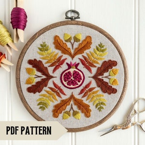 Autumn hand embroidery pattern, Fall sampler PDF pattern, Embroidery design with fall leaves, acorns and pomegranate, Step-by-step tutorial