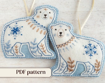 Felt polar bears embroidery pattern, DIY Holiday ornaments, Wool felt Christmas tree decorations, PDF sewing pattern for two polar bears