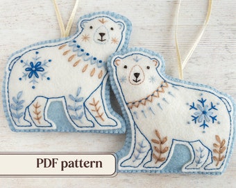 Felt polar bears embroidery pattern, DIY Holiday ornaments, Wool felt Christmas tree decorations, PDF sewing pattern for two polar bears