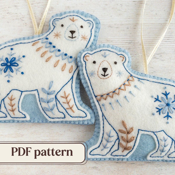 Motif de broderie ours polaires en feutre, décorations de Noël DIY, décorations d'arbre de Noël en feutre de laine, patron de couture PDF pour deux ours polaires