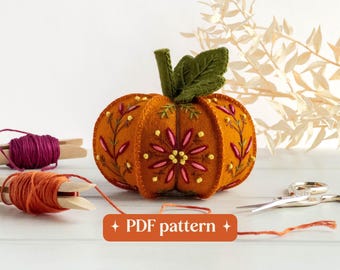 Felt pumpkin embroidery pattern, ‘Amber glow’ DIY floral ornament or pin cushion (PDF download)