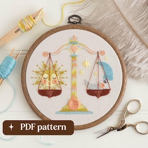 Schema per ricamo a mano del segno della Bilancia, design zodiacale in stile boho, ricamo fai da te su telaio da 6 pollici (download PDF)