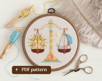 Libra hand embroidery pattern, Boho-style zodiac design, DIY 6-inch hoop art (PDF download)